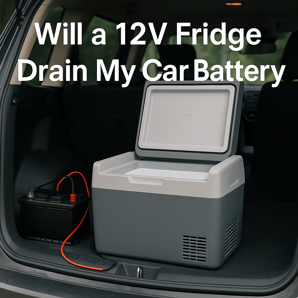 Open 12V camping fridge connected to a car battery in a vehicle boot with the text 'Will a 12V Fridge Drain My Car Battery?'
