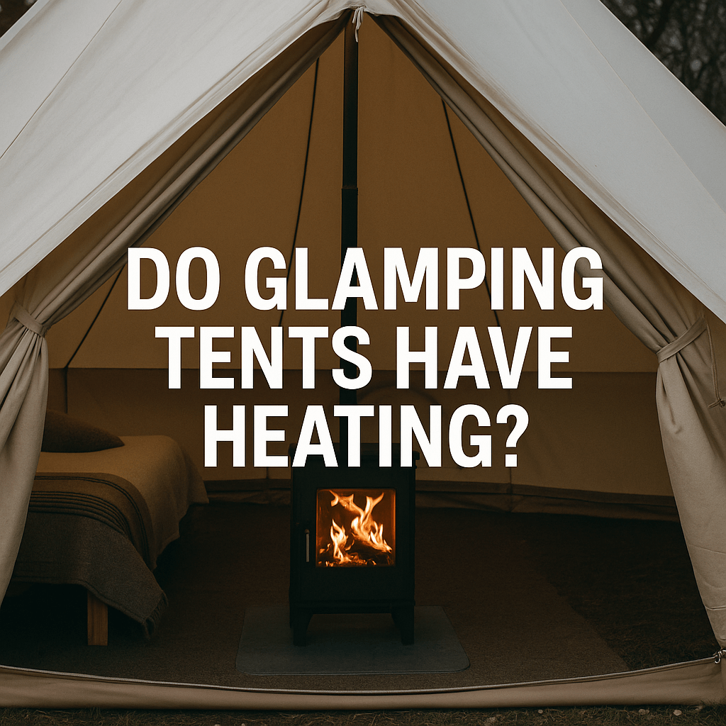 Interior of a glamping tent with a lit wood-burning stove and a cosy bed, featuring the text "Do glamping tents have heating?"