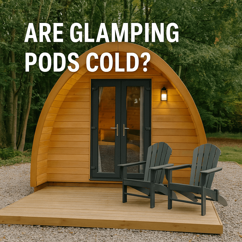 Glamping pod in a wooded area with two chairs on a wooden deck and the text “ARE GLAMPING PODS COLD?” displayed above.
