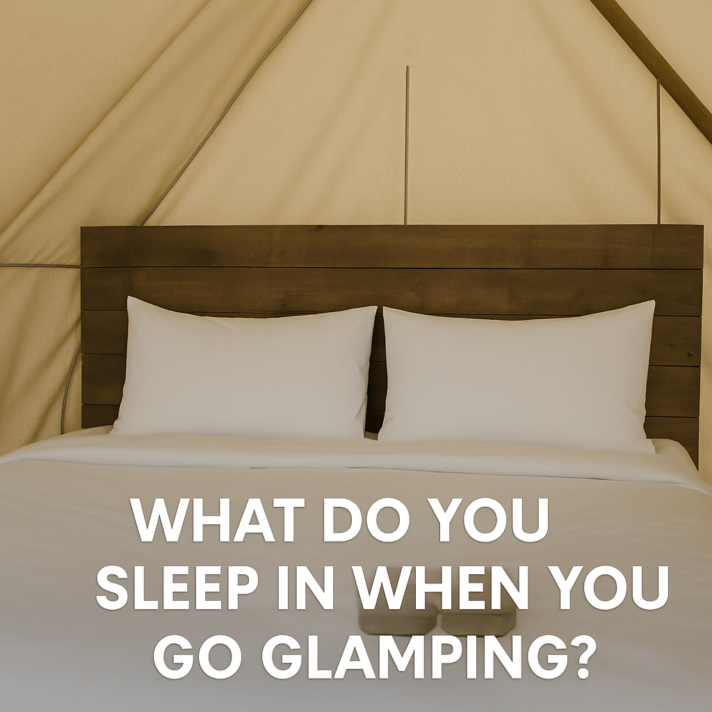 Interior of a cosy glamping tent featuring a neatly made bed with white linens, wooden headboard, and the centred text "WHAT DO YOU SLEEP IN WHEN YOU GO GLAMPING?" displayed