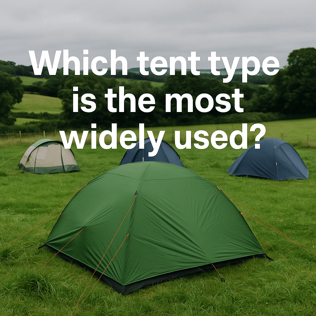 Camping tents set up on a grassy field with rolling hills in the background, featuring the text 'Which tent type is the most widely used?'
