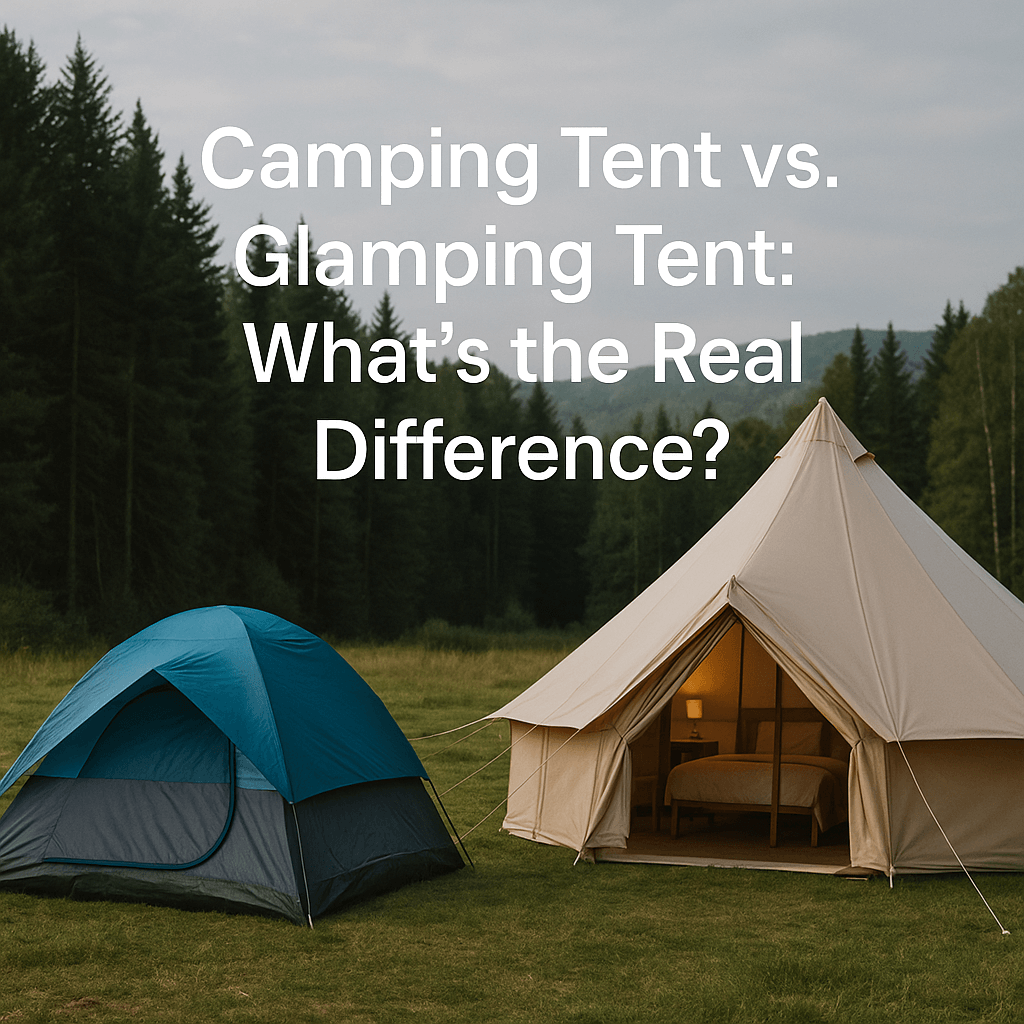 A camping tent and a glamping tent side by side in a forest clearing, with the text "Camping Tent vs. Glamping Tent: What's the Real Difference?" 