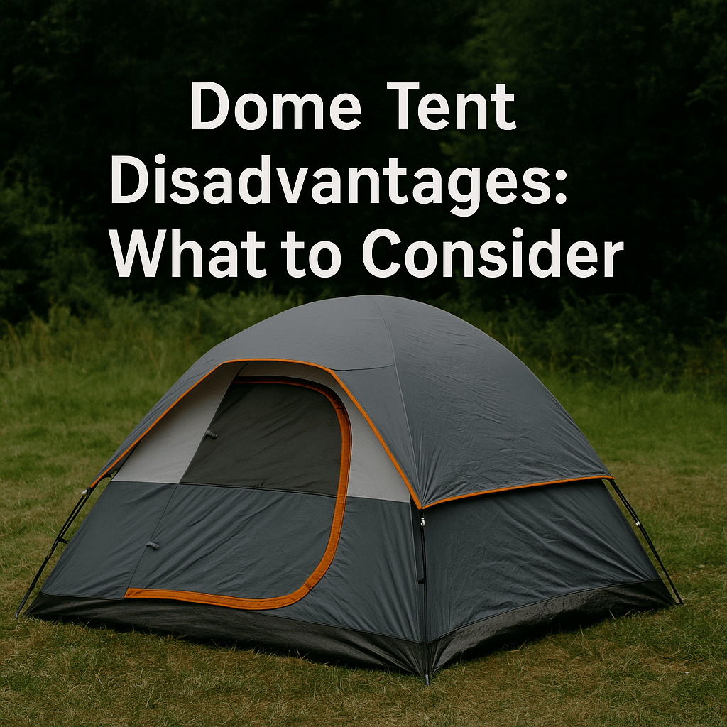 Grey dome tent with orange trim set up on grass in front of forest, with overlaid text: 'Dome Tent Disadvantages: What to Consider'
