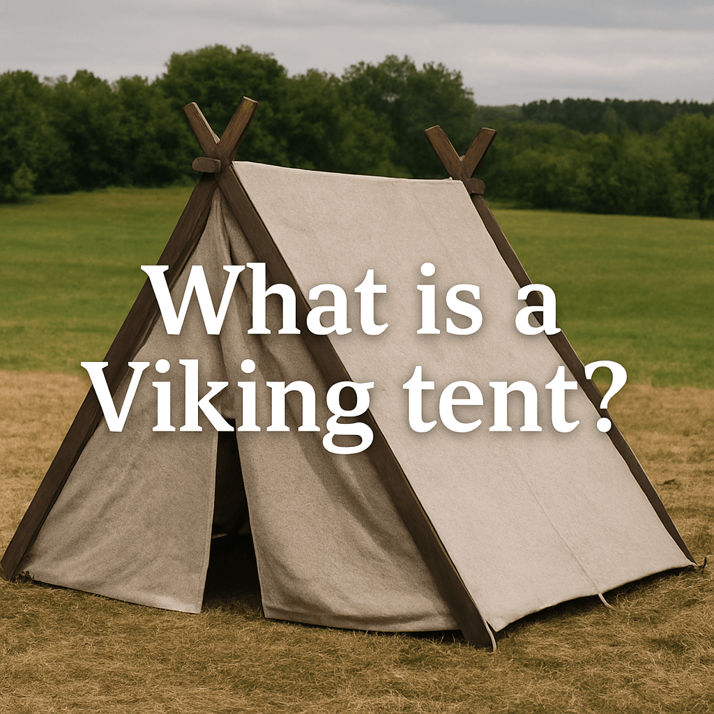 A traditional Viking A-frame tent standing on grass with the text 'What is a Viking tent?' 