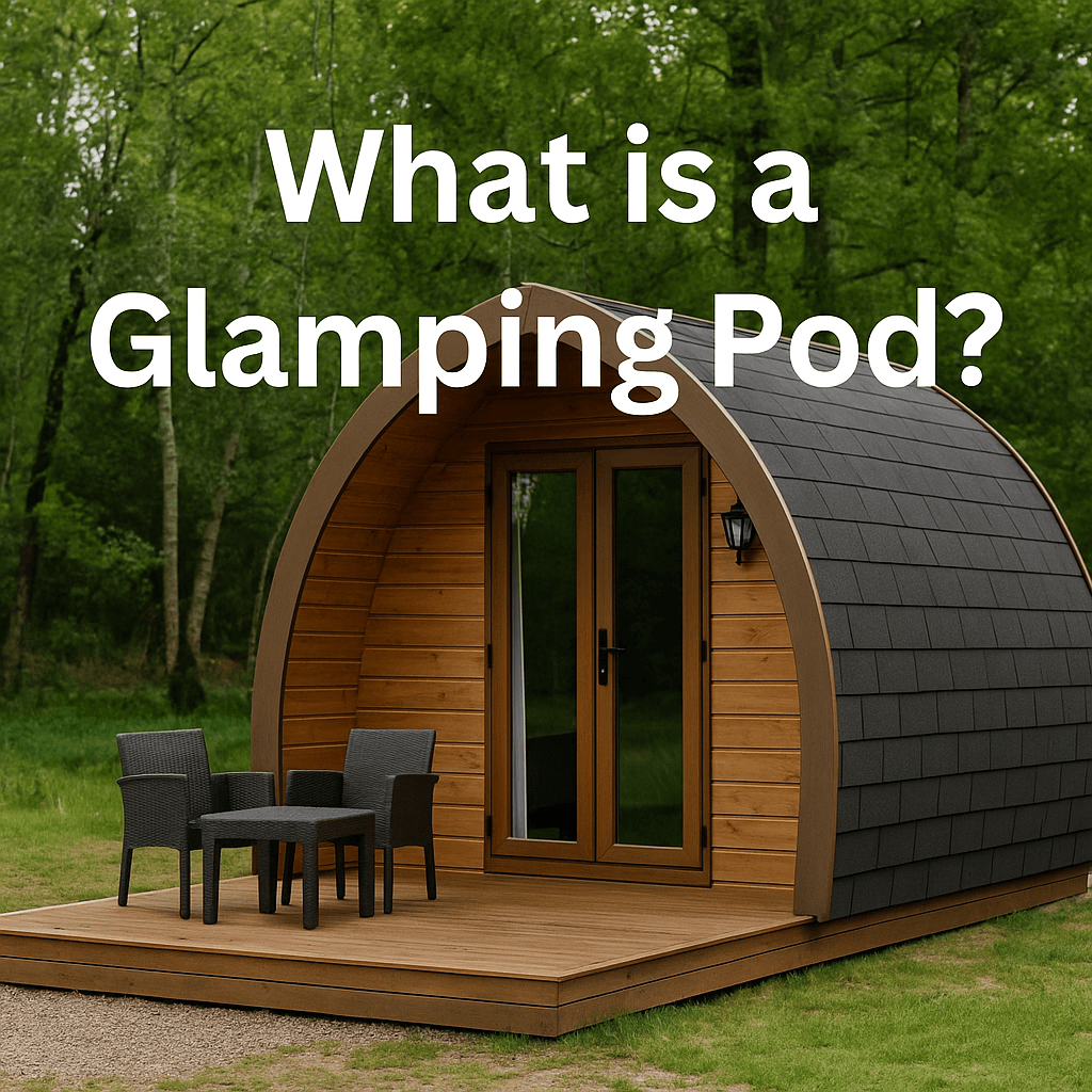 A wooden glamping pod with a curved roof and outdoor seating on a deck, set in a green forest. Overlaid text reads: "What is a Glamping Pod?"