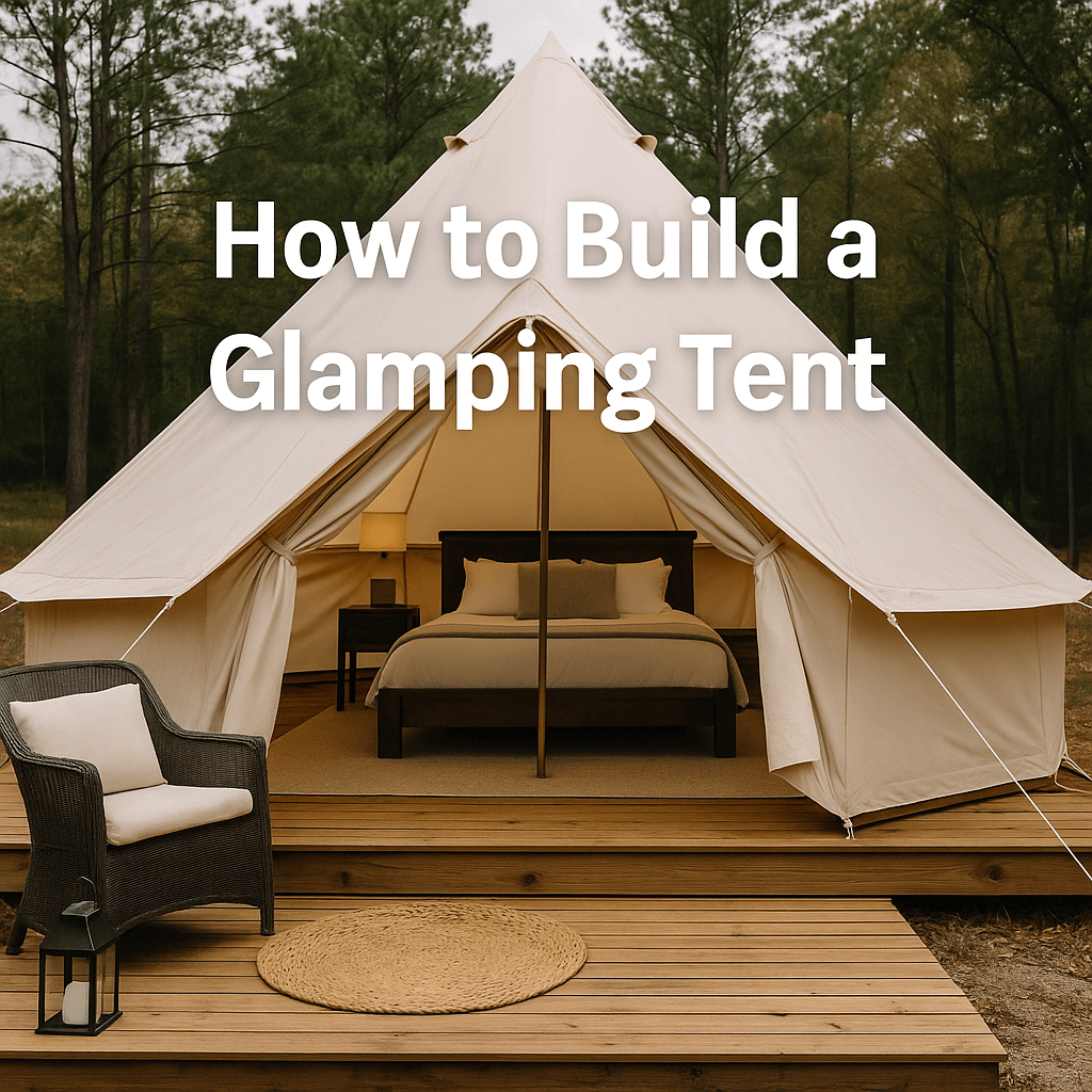 Cream-coloured glamping tent on a wooden platform in a forest, with a cosy bed inside and text overlay that reads "How to Build a Glamping Tent".