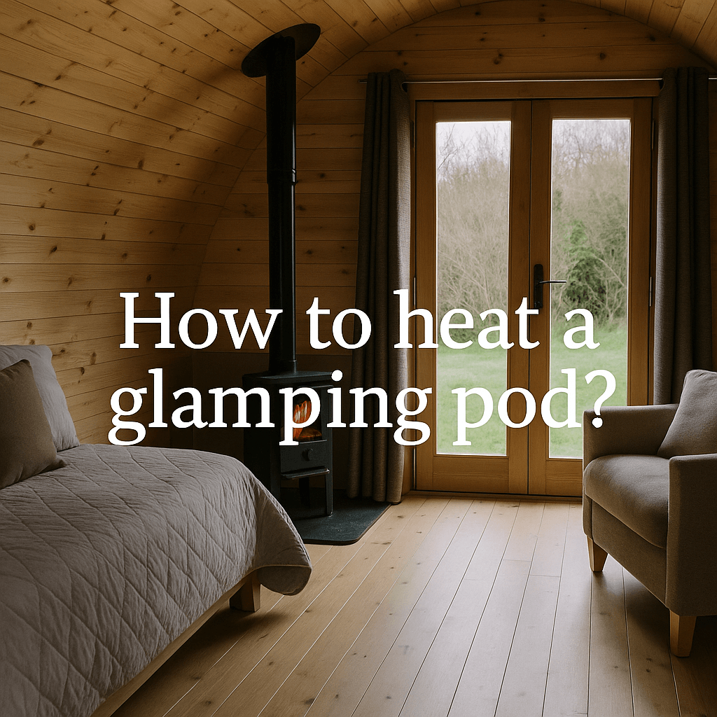 Interior of a cosy wooden glamping pod with a wood-burning stove, soft furnishings, and text overlay that reads "How to heat a glamping pod?"