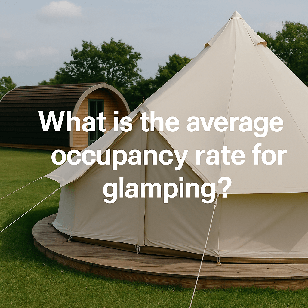 Glamping pod and cream bell tent in a green field with trees, featuring the text: "What is the average occupancy rate for glamping?"