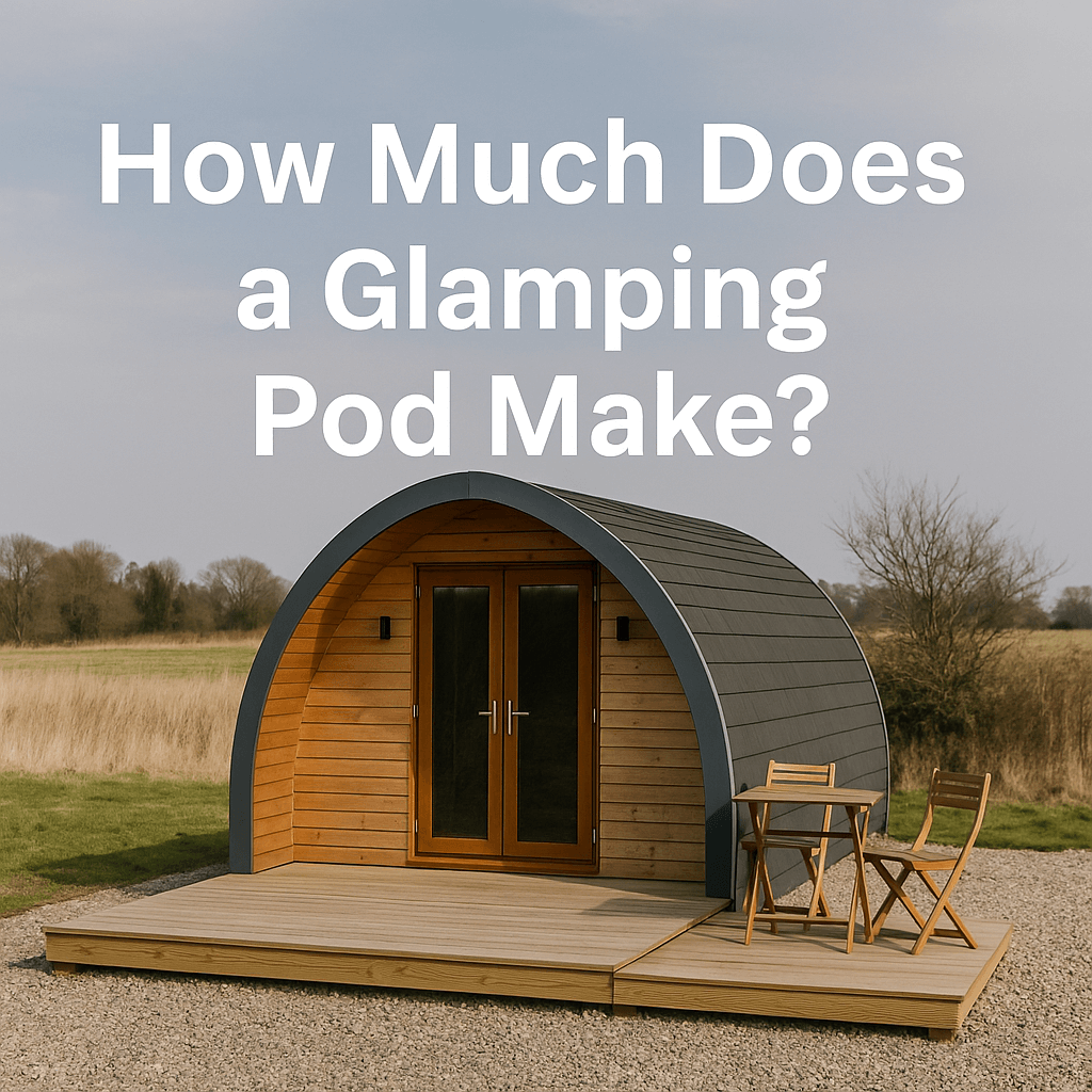 Glamping pod in a rural setting with wooden deck and outdoor chairs, featuring the text "How Much Does a Glamping Pod Make?"