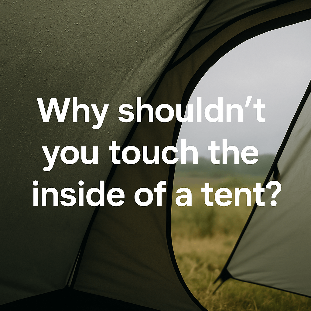 Tent interior with an open flap showing grassy landscape in the background, overlaid with the text: "Why shouldn’t you touch the inside of a tent?"