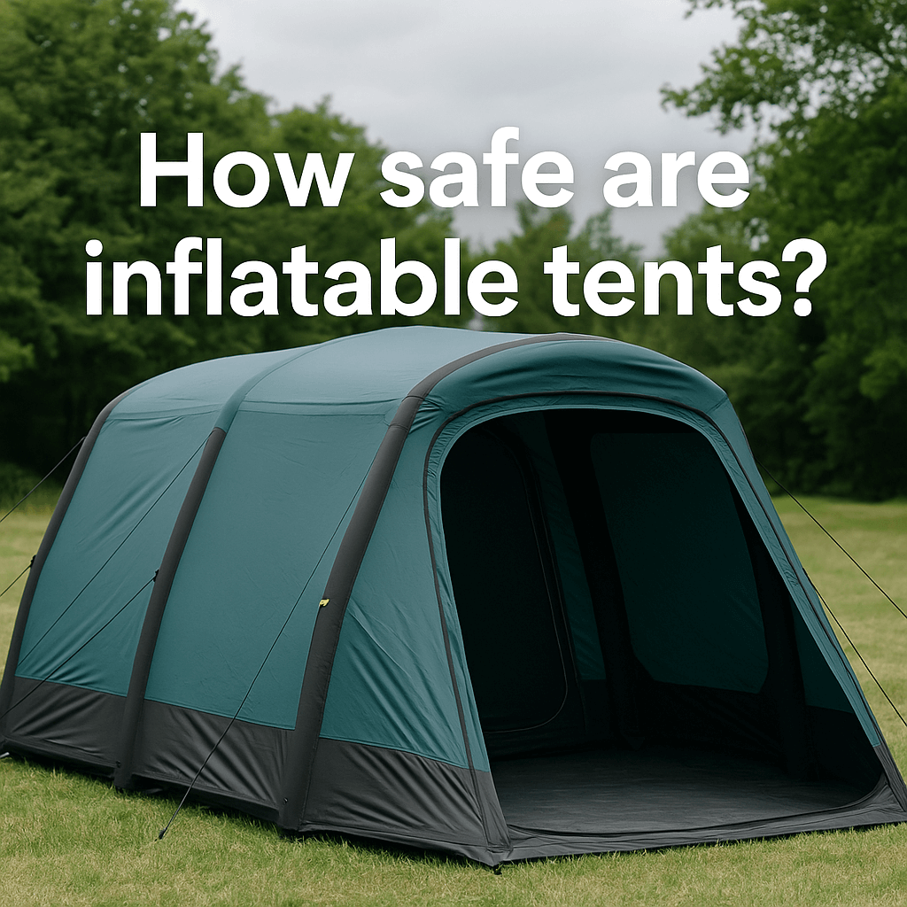 Teal inflatable tent set up on grass with the text 'How safe are inflatable tents?'