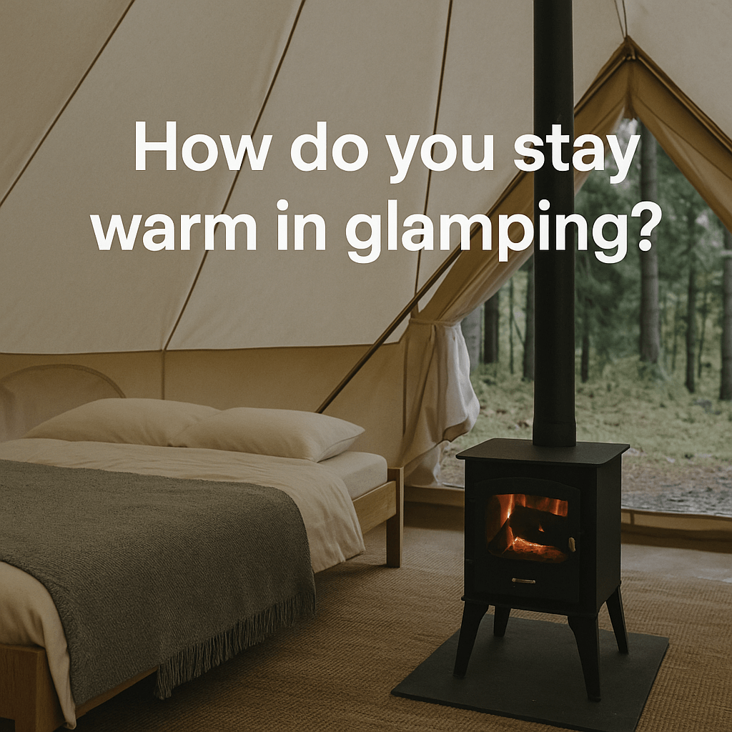 Interior of a cosy glamping tent with a bed and wood-burning stove, set in a forest. Text reads: 'How do you stay warm in glamping?'