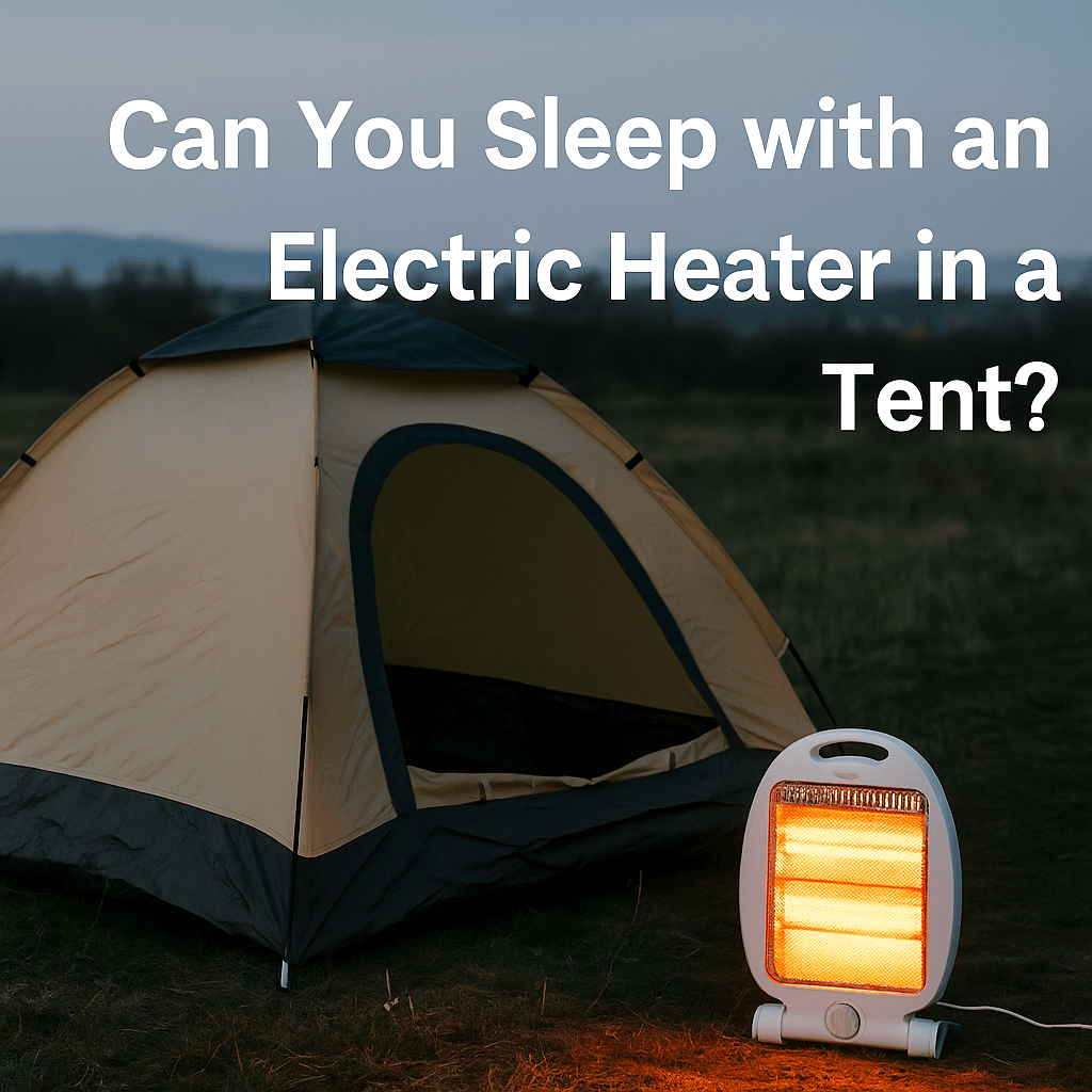 A glowing electric heater placed in front of a tent at dusk on a grassy field, with the text 'Can You Sleep with an Electric Heater in a Tent?'