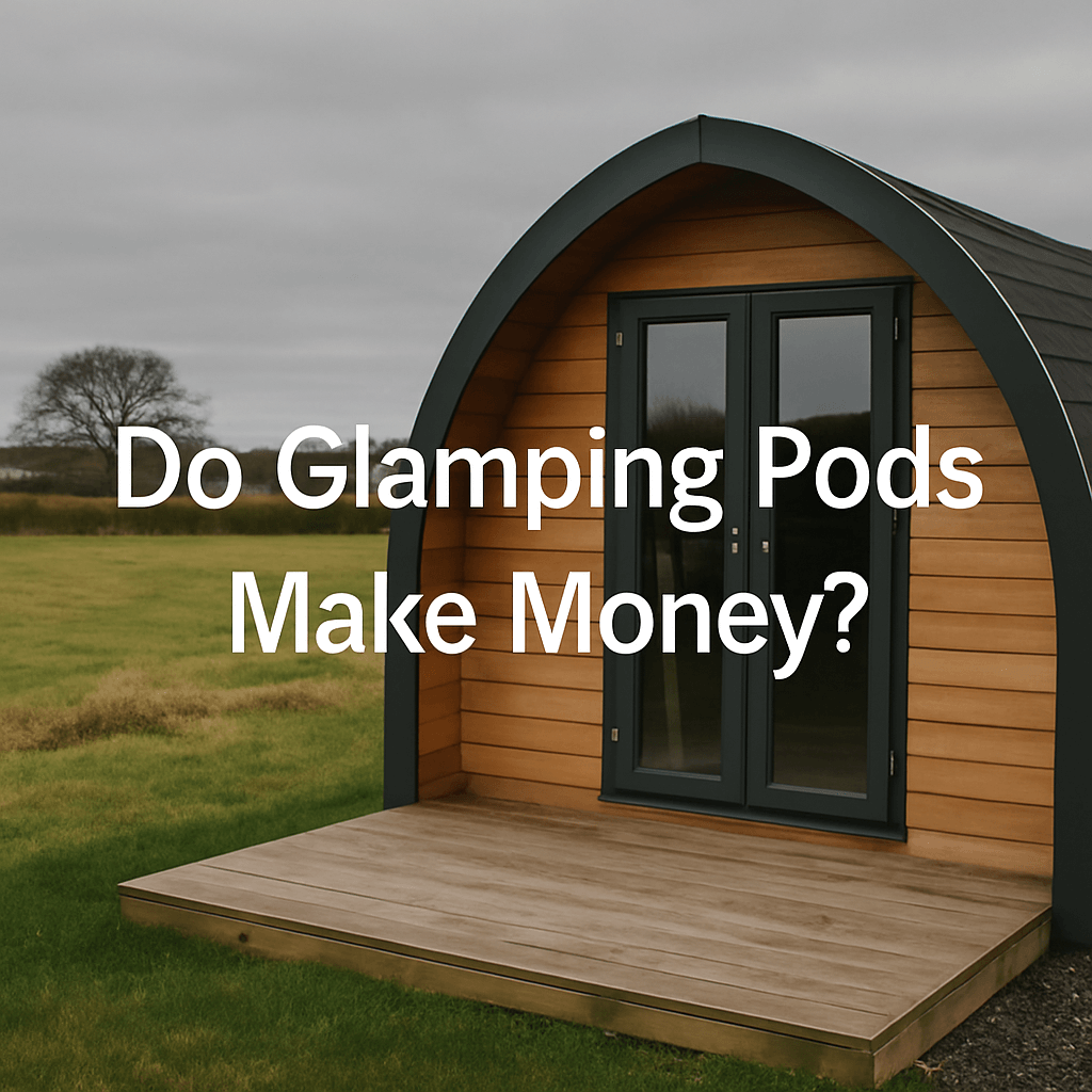 Wooden glamping pod with a dark roof on a grassy field under a cloudy sky, featuring white text that reads “Do Glamping Pods Make Money?”