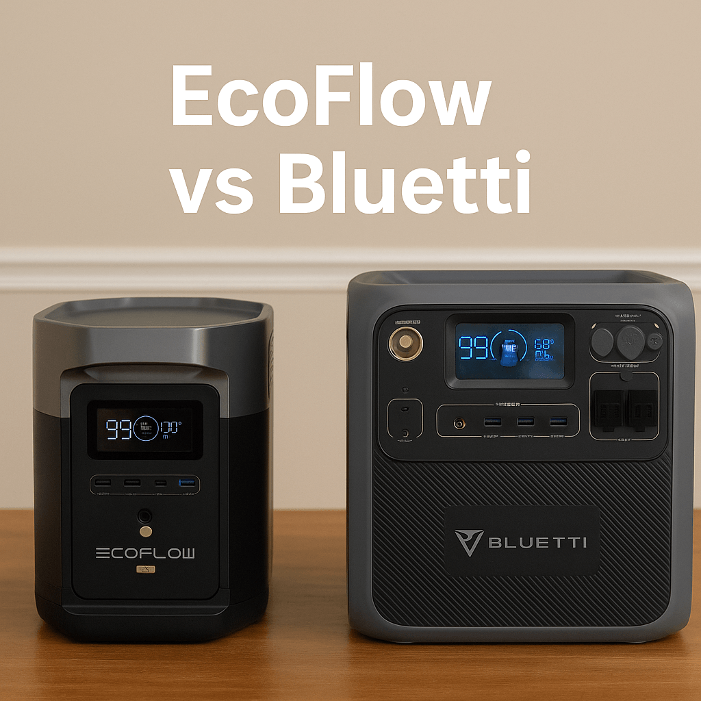 EcoFlow vs Bluetti — side-by-side comparison of two portable power stations on a wooden surface with text "EcoFlow vs Bluetti"