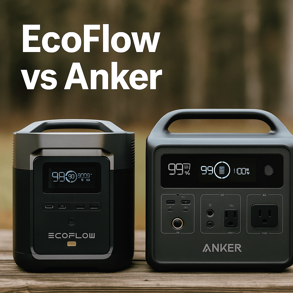 EcoFlow vs Anker portable power stations side by side on a wooden surface, with 'EcoFlow vs Anker' text 