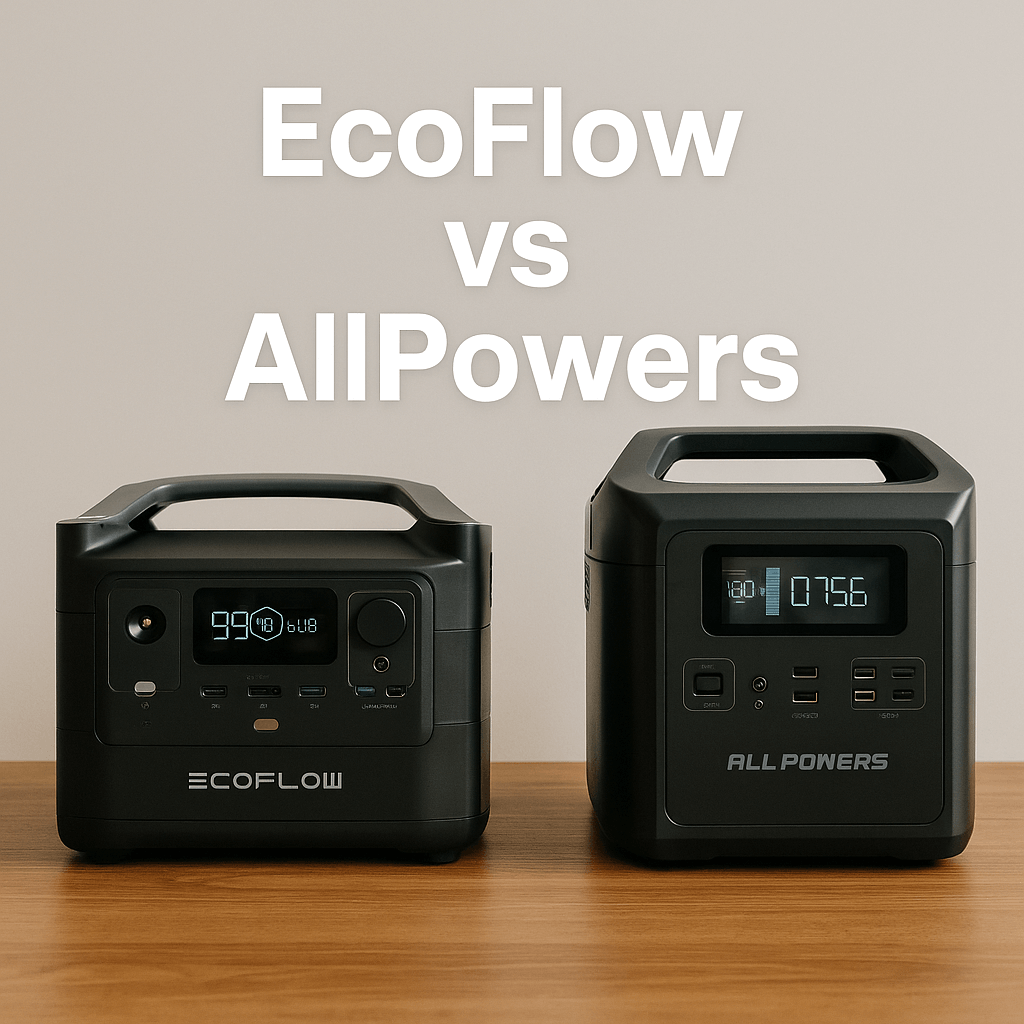 EcoFlow vs AllPowers – two portable power stations side by side on a wooden surface with comparison text above.