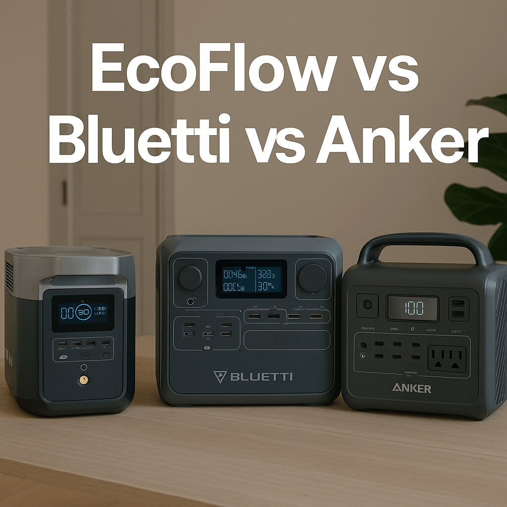 EcoFlow vs Bluetti vs Anker text above three portable power stations displayed on a wooden table in a neutral-toned room.
