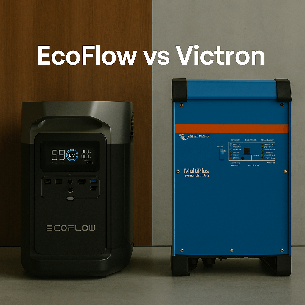 Side-by-side photo of EcoFlow and Victron power units against wood and concrete backgrounds, with the text "EcoFlow vs Victron"