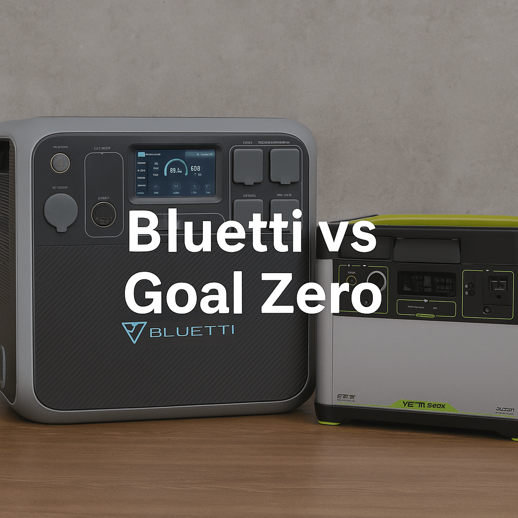 Portable power stations side by side, the Bluetti AC200P and the Goal Zero Yeti 1500X, on a wooden surface, with the text "Bluetti vs Goal Zero" .