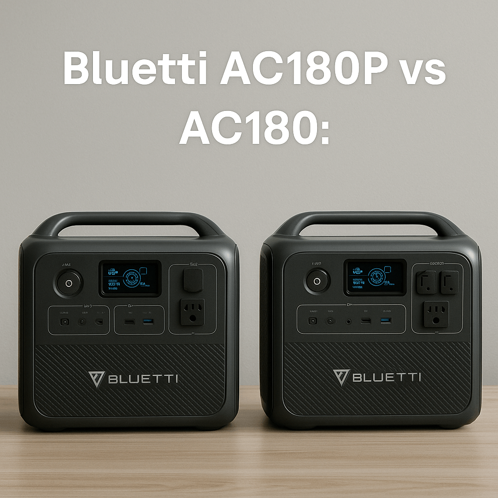 Two Bluetti portable power stations, AC180P and AC180, side by side on a wooden surface with the text "Bluetti AC180P vs AC180:"