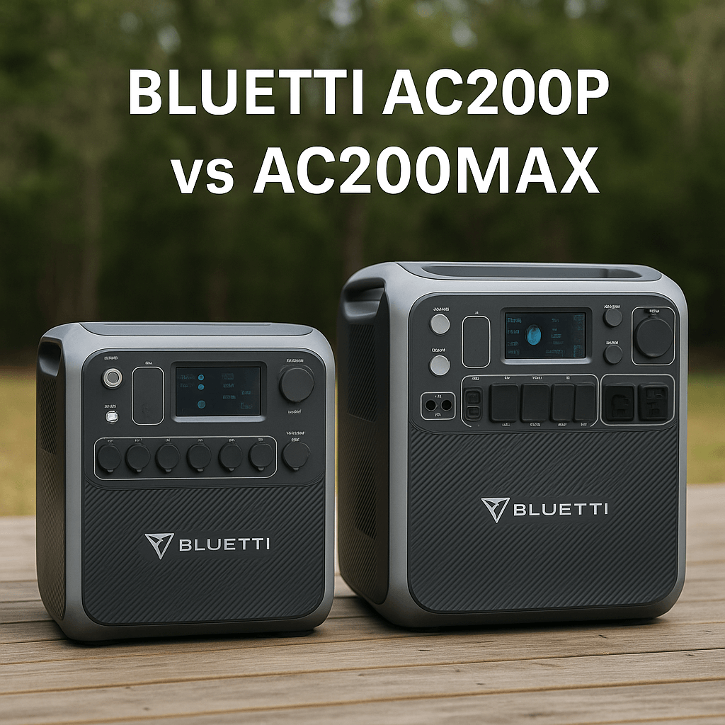 Bluetti portable power stations, the AC200P and AC200MAX, side by side on a wooden surface outdoors with the text “BLUETTI AC200P vs AC200MAX”