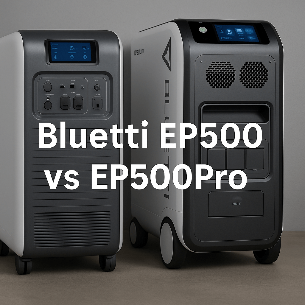 Side-by-side image of Bluetti EP500 and EP500Pro portable power stations on a grey background, with the text "Bluetti EP500 vs EP500Pro" in bold white font.