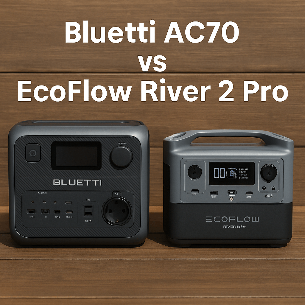 Side-by-side comparison of Bluetti AC70 and EcoFlow River 2 Pro portable power stations on a wooden surface, with the text "Bluetti AC70 vs EcoFlow River 2 Pro"