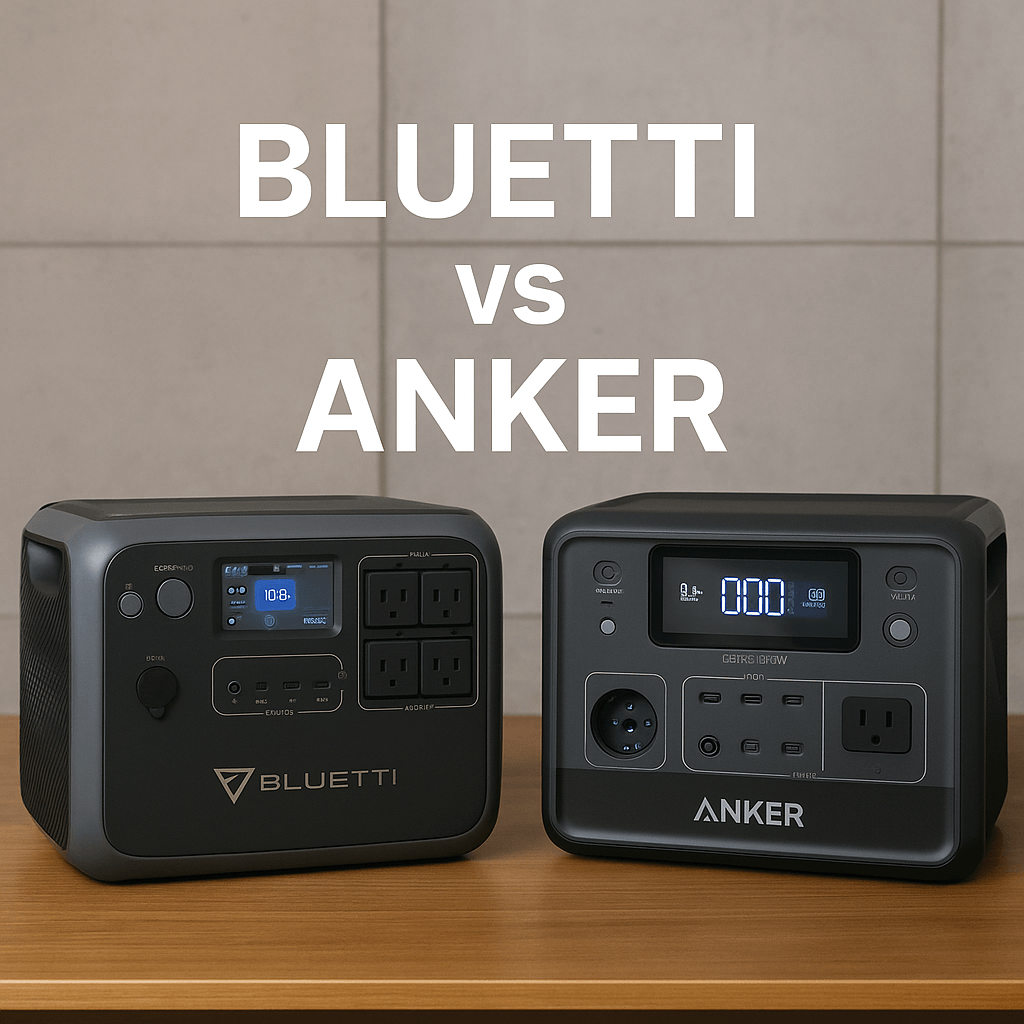 Two portable power stations, Bluetti and Anker, side by side on a wooden surface with the text "BLUETTI vs ANKER" above them.