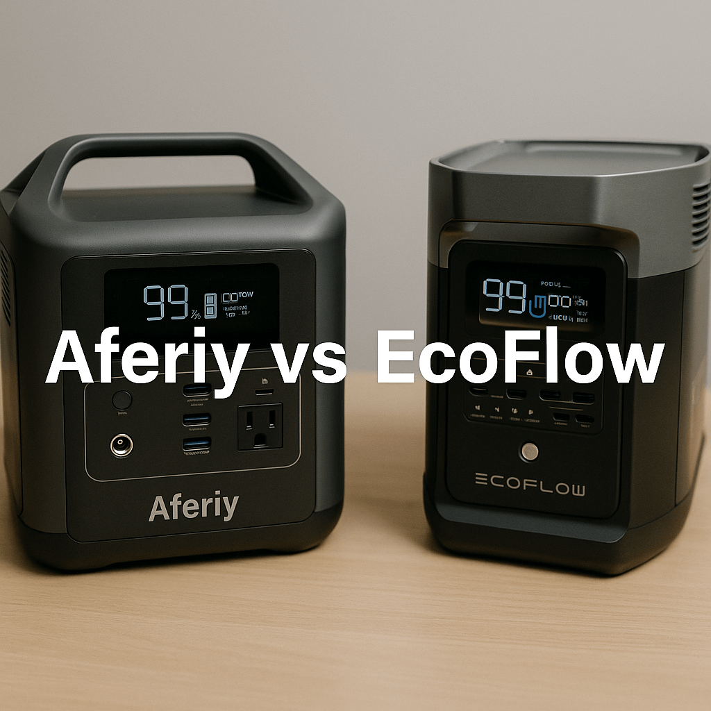 Aferiy vs EcoFlow portable power stations side by side on a wooden surface, with bold text "Aferiy vs EcoFlow" .