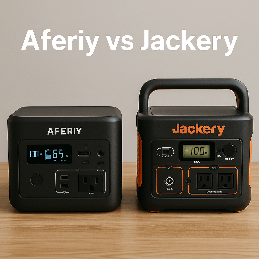 Two portable power stations side by side on a wooden surface, with brand names and text 'Aferiy vs Jackery' 