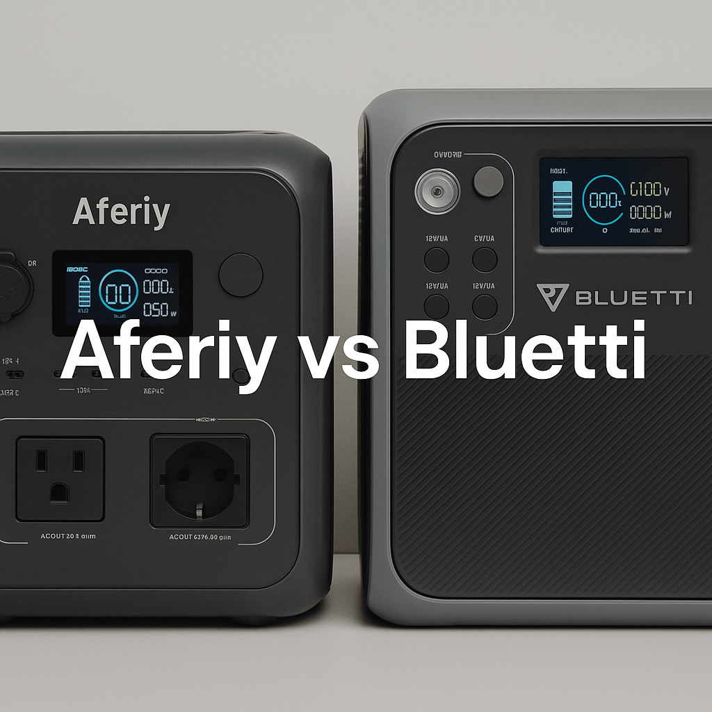 Aferiy vs Bluetti text overlay on a side-by-side image of two portable power stations, showing their ports and digital displays, on a plain background.