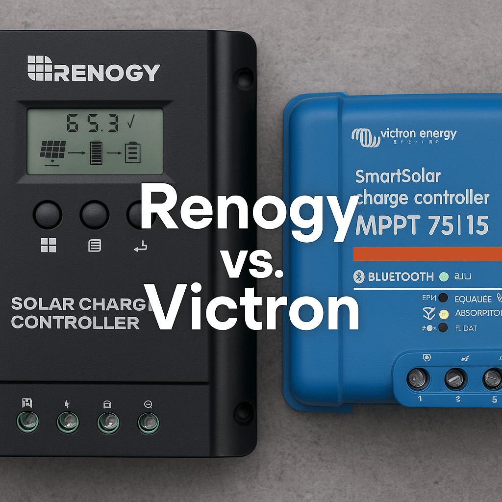 Images showing a side-by-side comparison of two solar charge controllers with the text "Renogy vs. Victron".