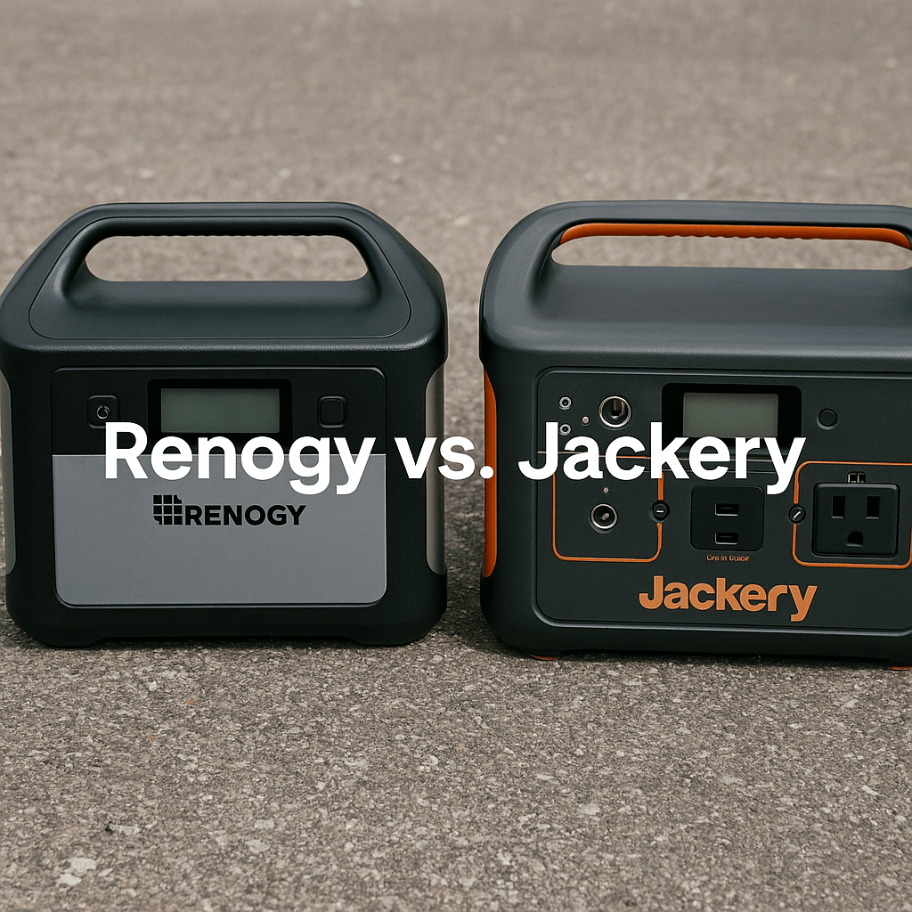 Renogy vs. Jackery cover image showing two portable power stations side by side on a concrete surface, with the text "Renogy vs. Jackery" .