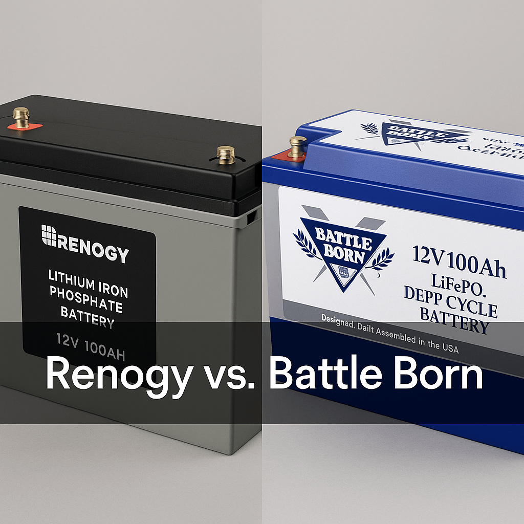 Side-by-side comparison of Renogy and Battle Born LiFePO₄ batteries with text overlay: Renogy vs. Battle Born