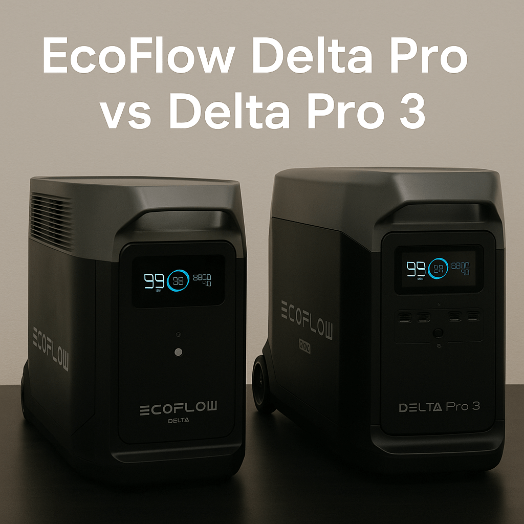 Side-by-side comparison of EcoFlow Delta Pro and Delta Pro 3 portable power stations on a table, with the text "EcoFlow Delta Pro vs Delta Pro 3"