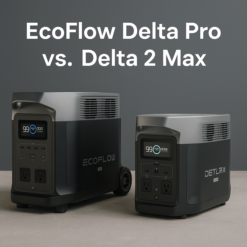 EcoFlow Delta Pro vs. Delta 2 Max – side-by-side view of two EcoFlow portable power stations on a grey background with comparison text displayed above.