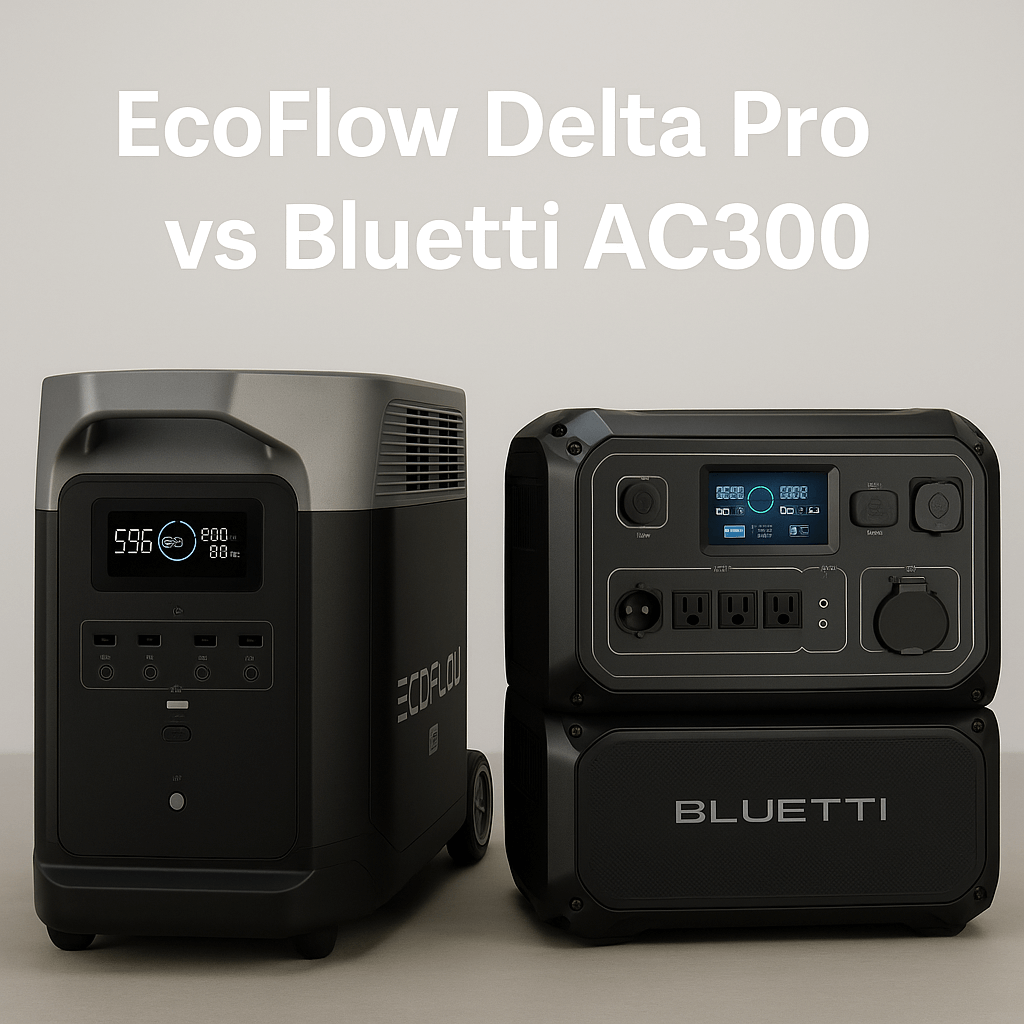 EcoFlow Delta Pro vs Bluetti AC300 – side-by-side view of two portable power stations with bold white text on a neutral background