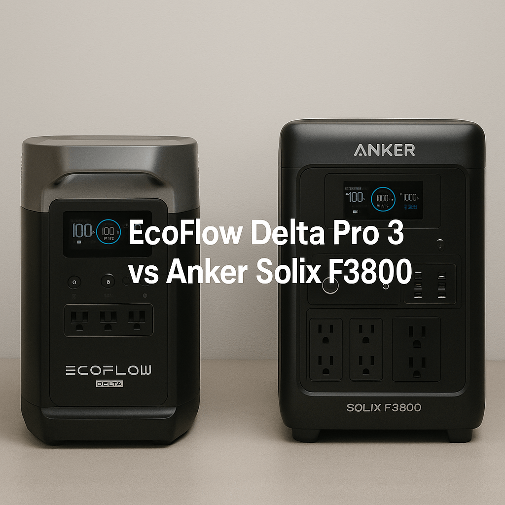 Side-by-side photo of EcoFlow Delta Pro 3 and Anker Solix F3800 portable power stations on a neutral background, with text "EcoFlow Delta Pro 3 vs Anker Solix F3800".