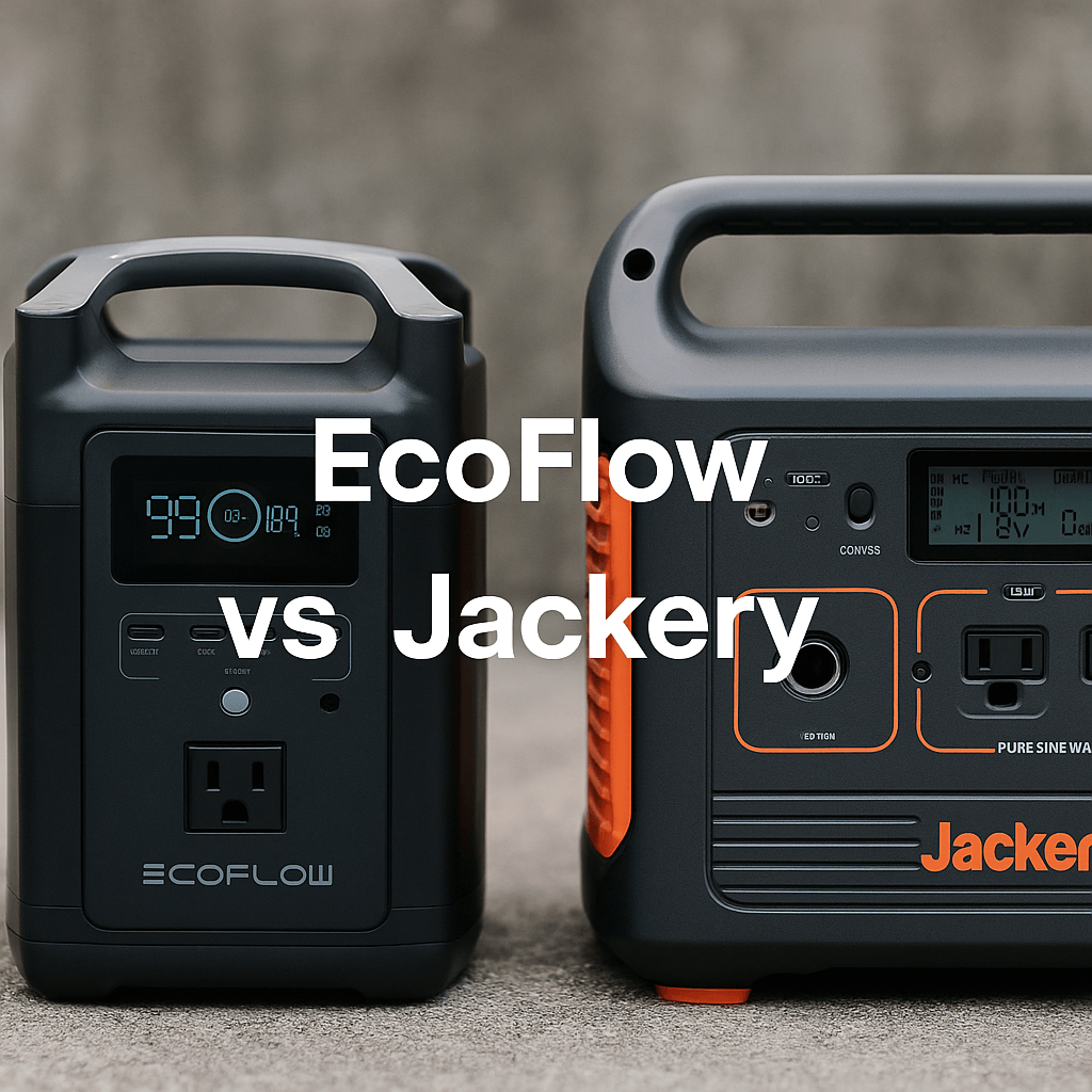 EcoFlow and Jackery portable power stations side by side on a concrete surface with the text 'EcoFlow vs Jackery