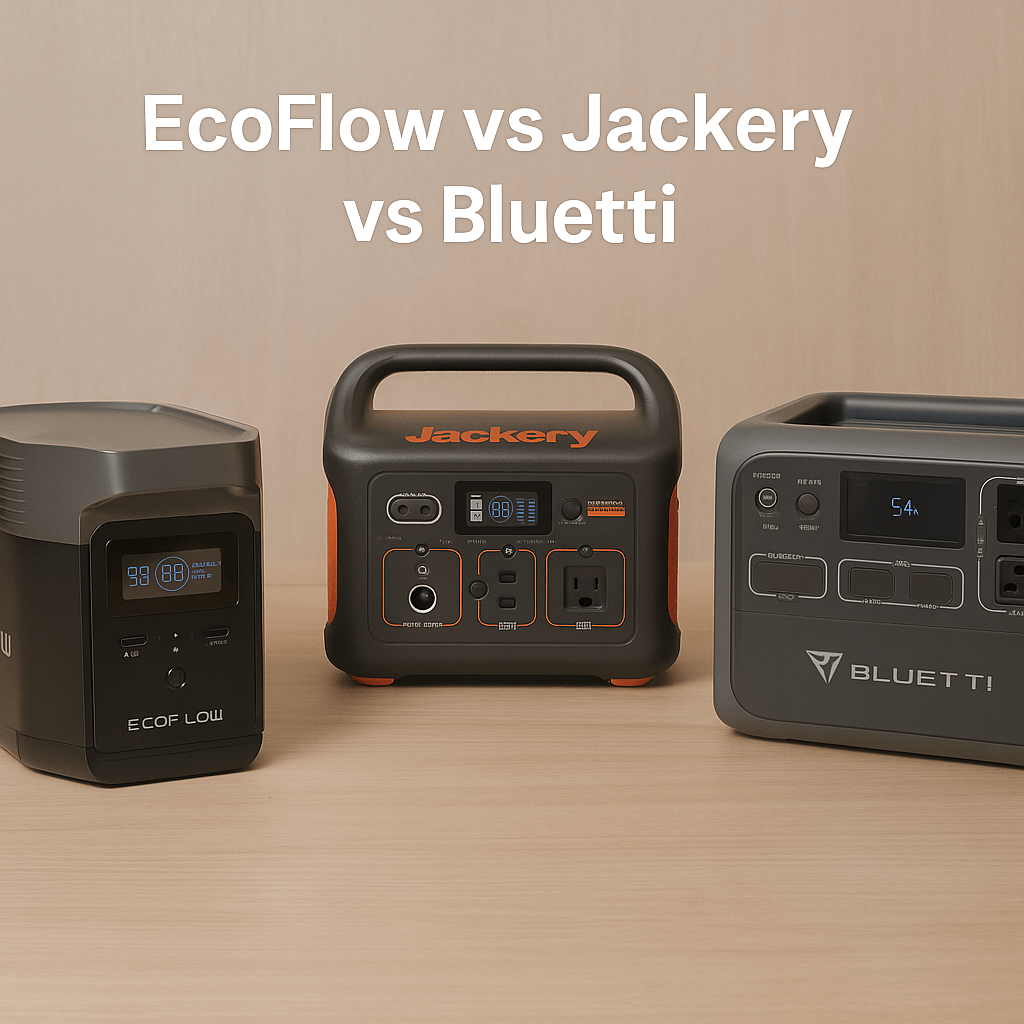 Three portable power stations — EcoFlow, Jackery, and Bluetti — displayed on a wooden surface with the text 'EcoFlow vs Jackery vs Bluetti'