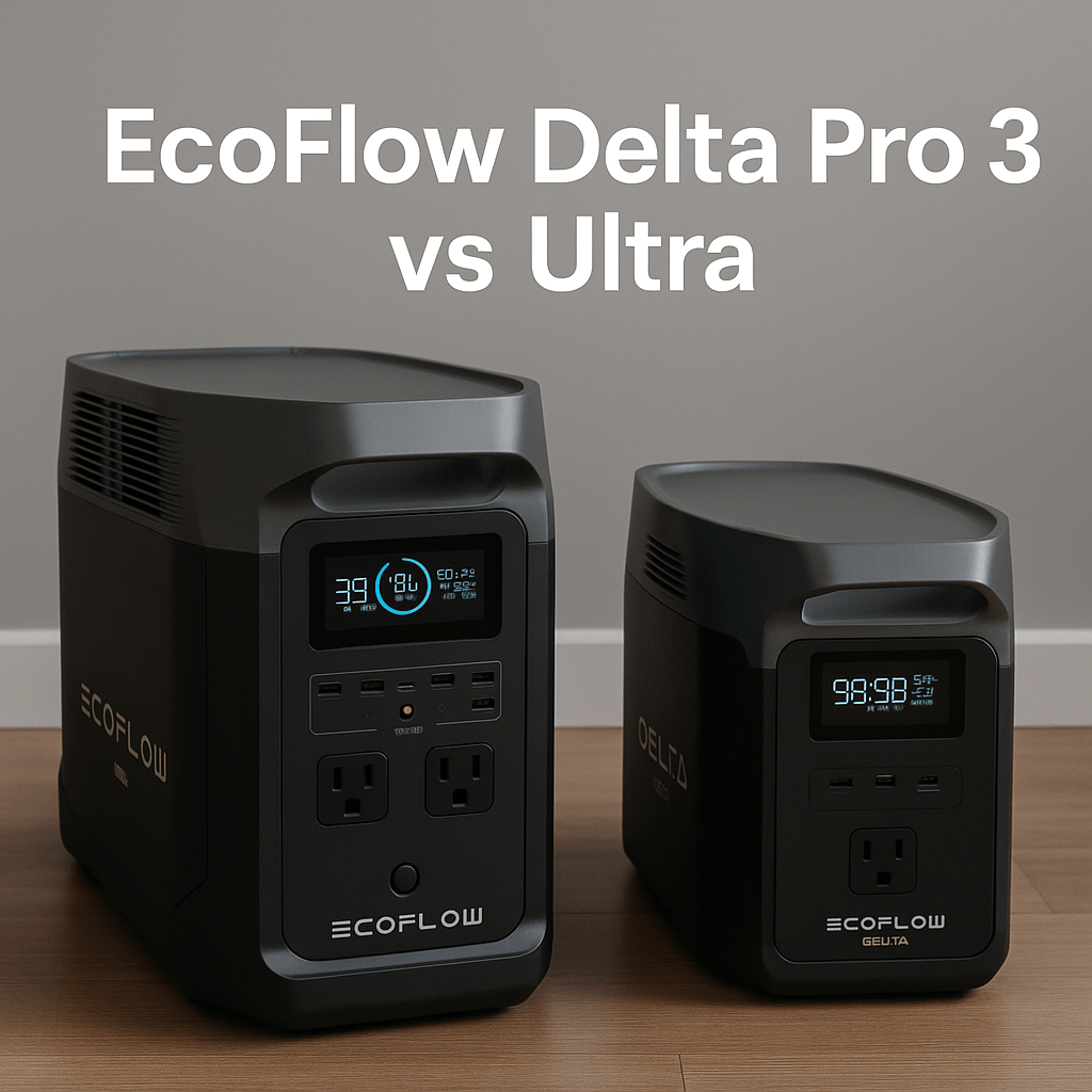 EcoFlow Delta Pro 3 vs Ultra – two portable power stations side by side on a wooden floor with comparison text above.