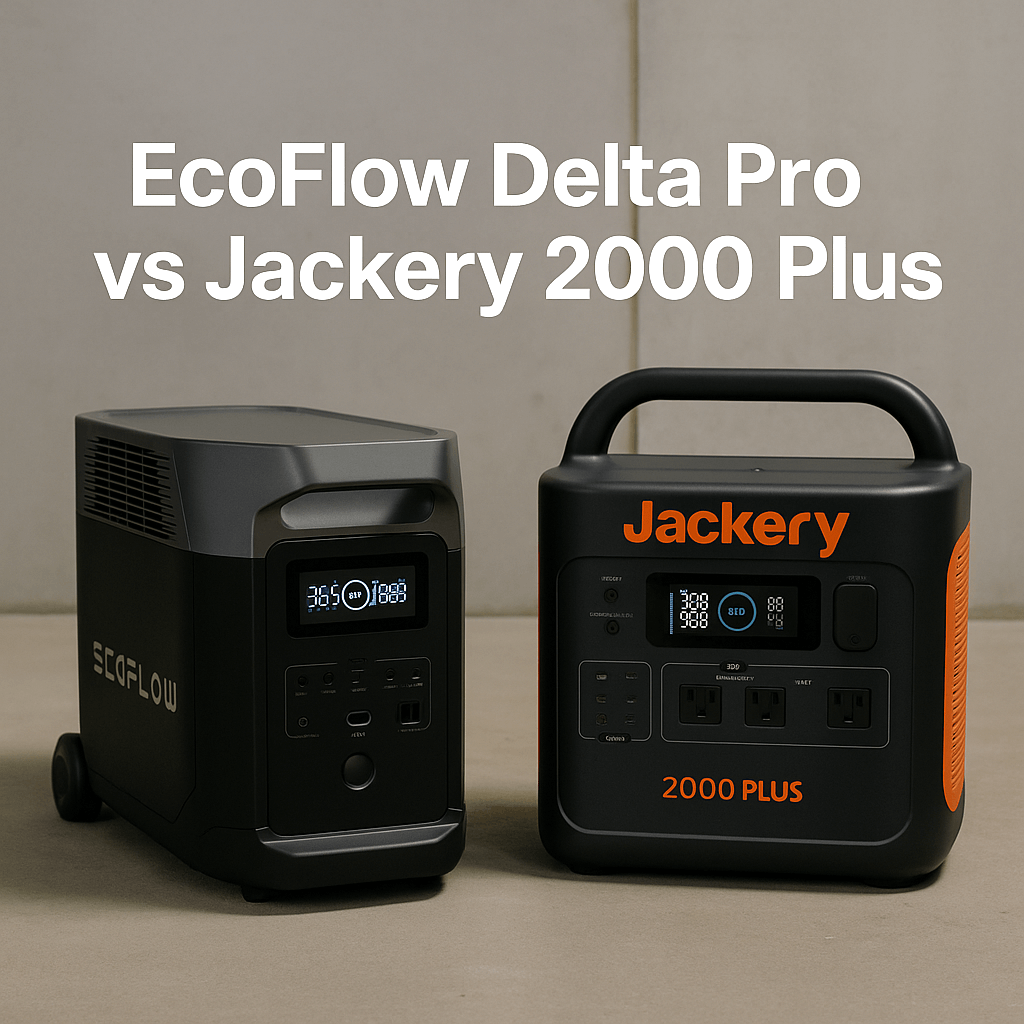 EcoFlow Delta Pro vs Jackery 2000 Plus – side-by-side comparison of two portable power stations with text overlay on a neutral background