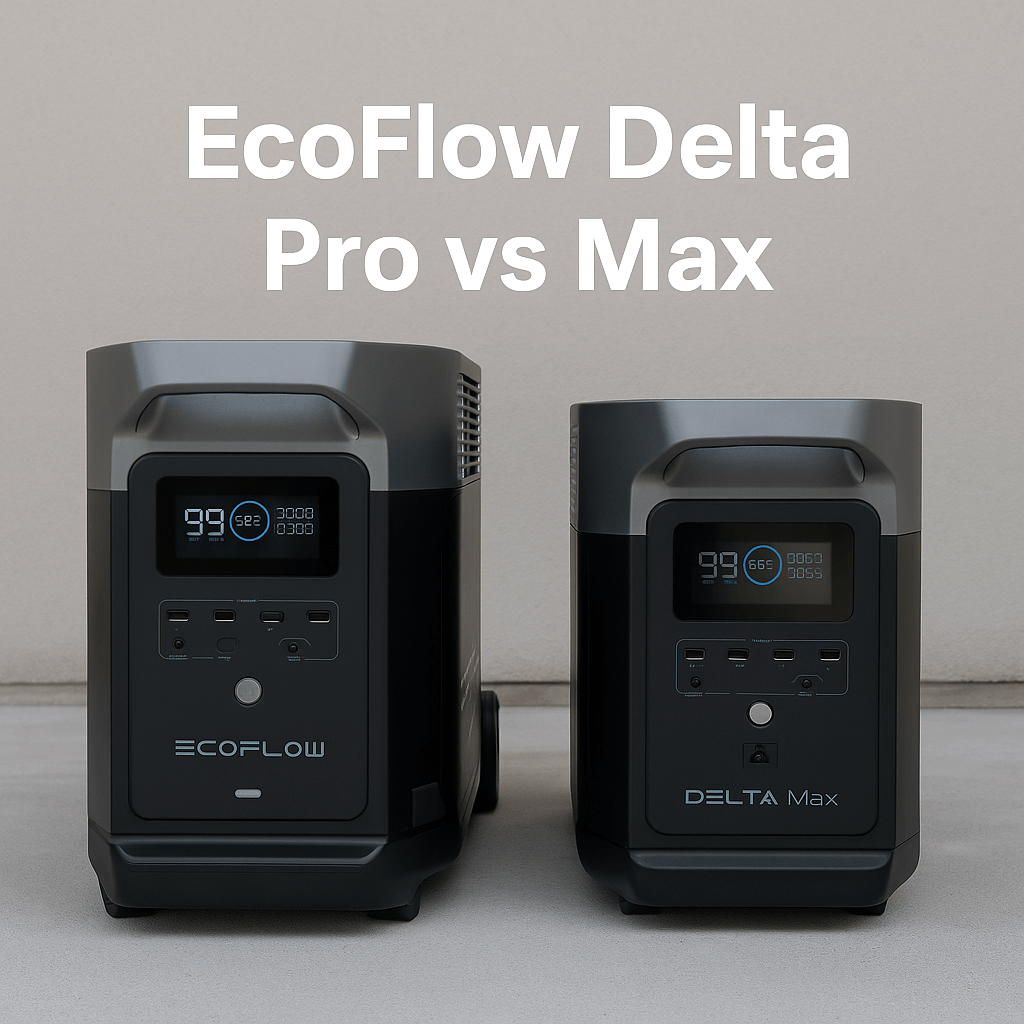 Side-by-side view of EcoFlow Delta Pro and Delta Max portable power stations on a neutral background, with the text “EcoFlow Delta Pro vs Max”