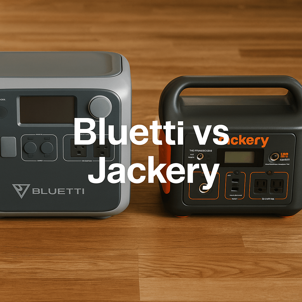Side-by-side image of Bluetti and Jackery portable power stations on a wooden floor, with the text "Bluetti vs Jackery" 