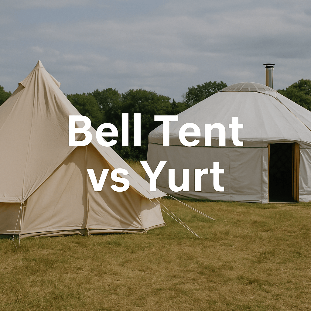 A bell tent and a yurt set up on a grassy field under a cloudy sky, with the text "Bell Tent vs Yurt"