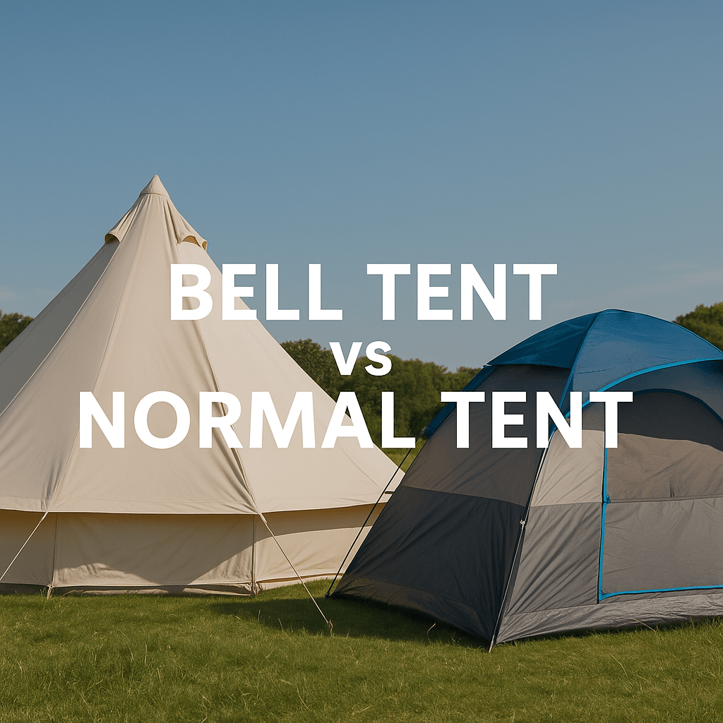  side-by-side comparison of a cream-coloured bell tent and a grey dome-style normal tent on a grassy campsite under a clear blue sky, with bold white text overlay that reads “BELL TENT vs NORMAL TENT.”