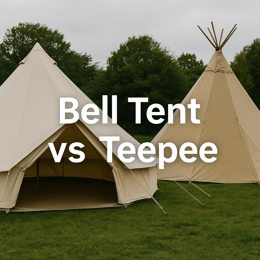  A bell tent and a teepee pitched side by side on a grassy field under a cloudy sky, with bold white text in the centre reading "Bell Tent vs Teepee".