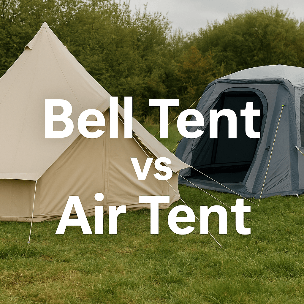 Side-by-side view of a beige bell tent and a grey air tent pitched on green grass, with bold white text overlay reading "Bell Tent vs Air Tent."