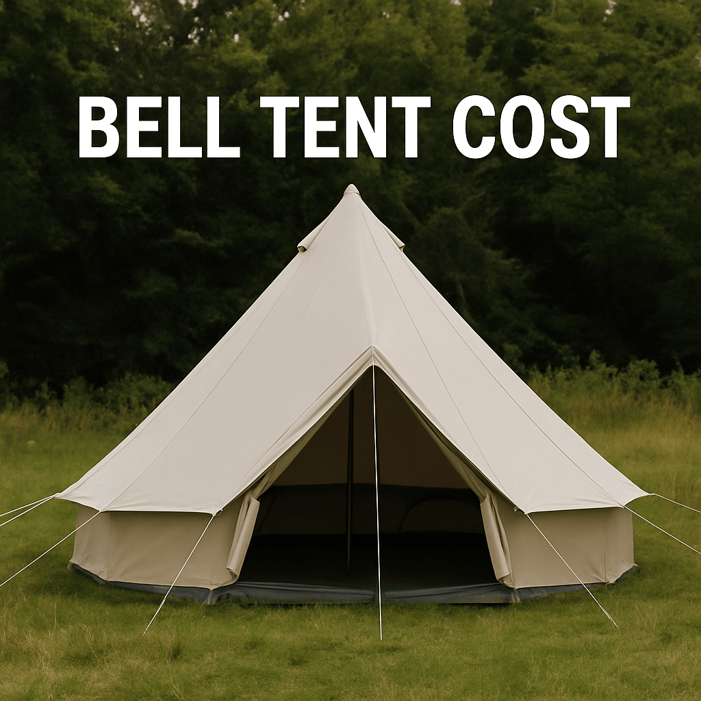 A beige bell tent pitched on green grass with a forest backdrop. Bold white text over the image reads "BELL TENT COST.